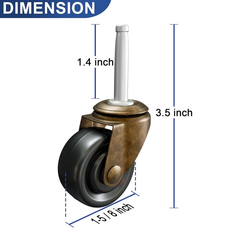 NATIKON Antique Brass Casters with Rubber Wheels 1-5/8" Stem Caster Replacement for Chairs, Sofa, Dresser | Vintage Furniture Rollers for Hardwood Floor Set of 4 - Image 2